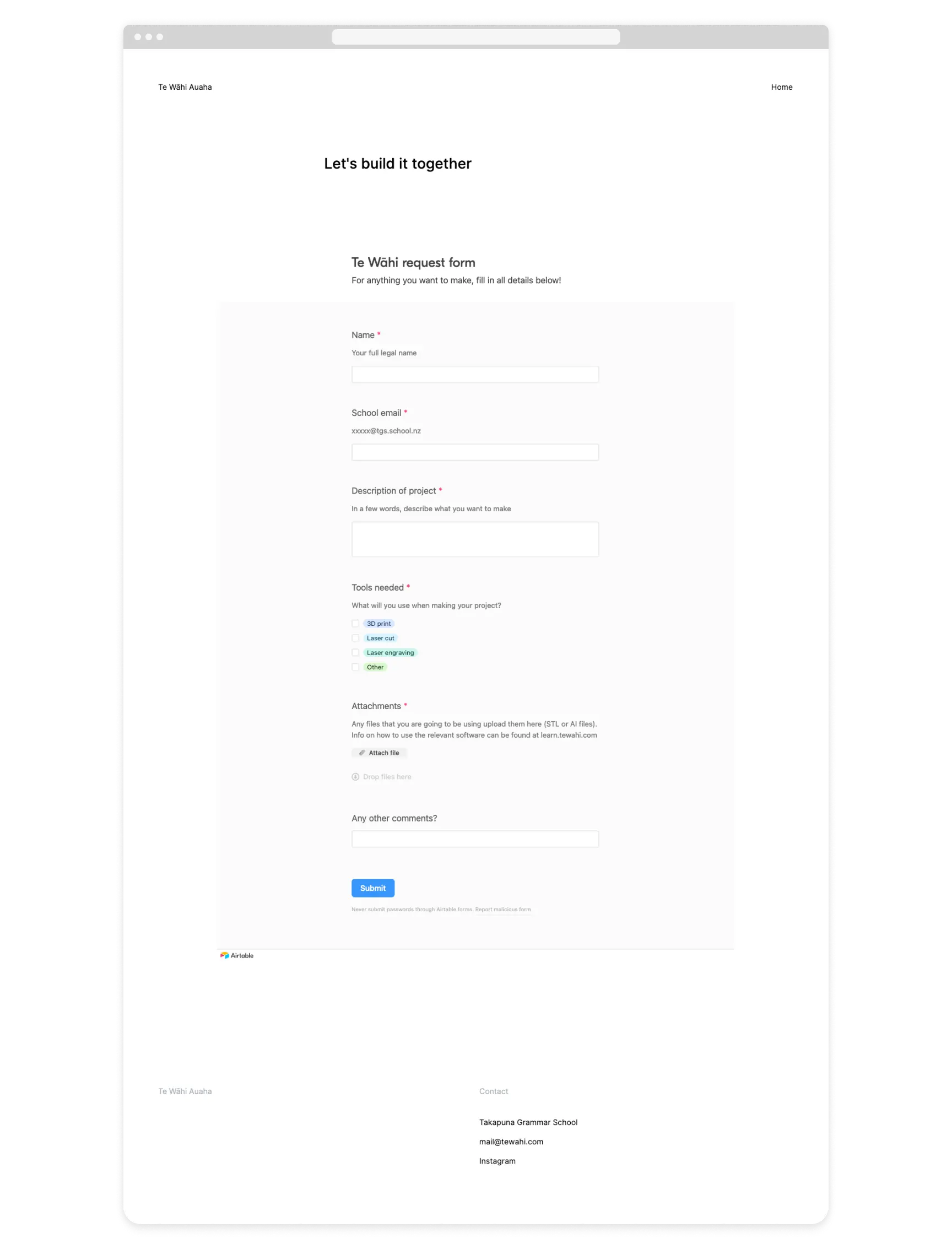 A screenshot of an Airtable form to submit jobs for 3D printing, laser cutting or engraving.