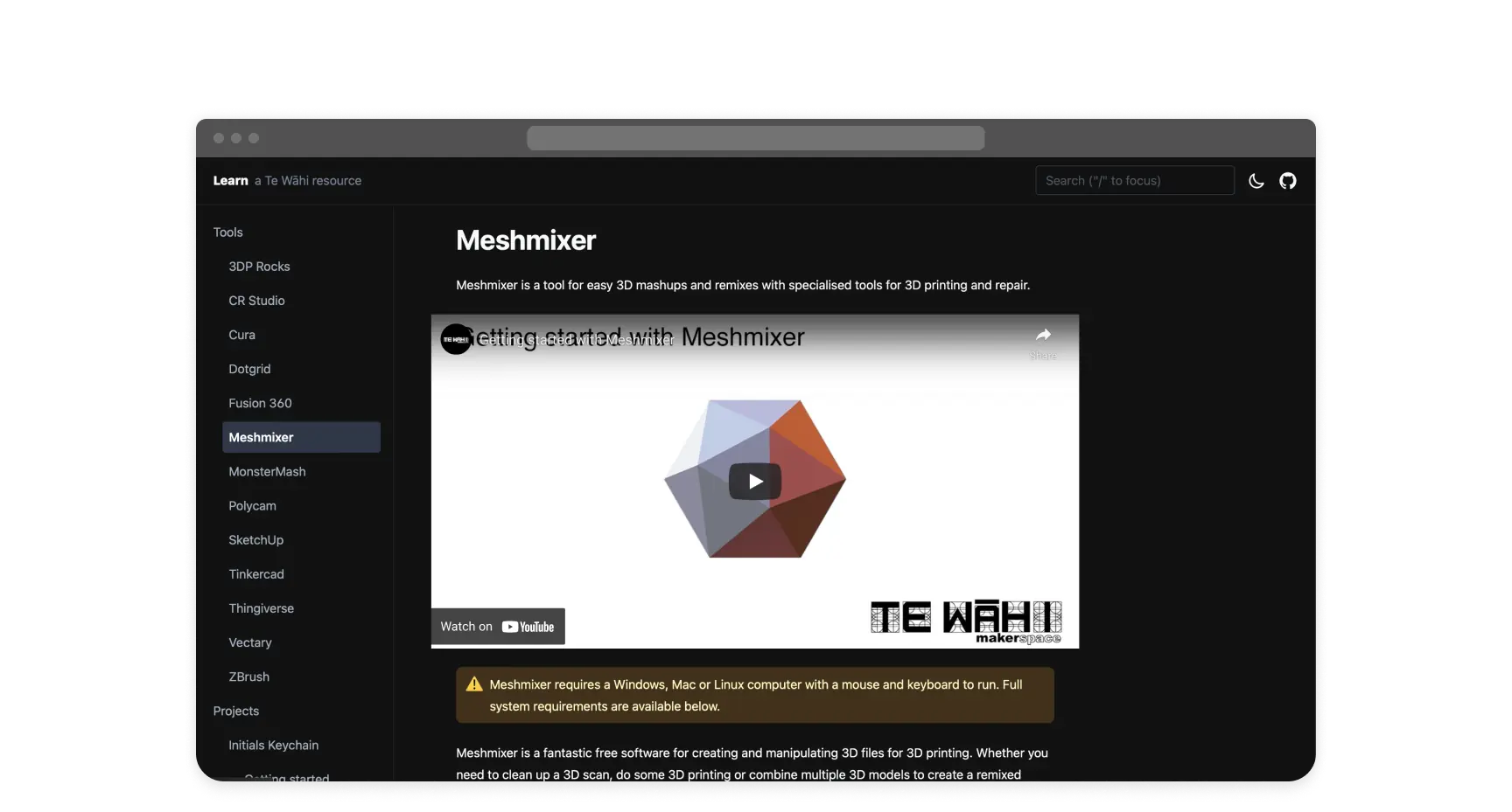 A screenshot of the Te Wāhi Learn hub, now with dark mode!.