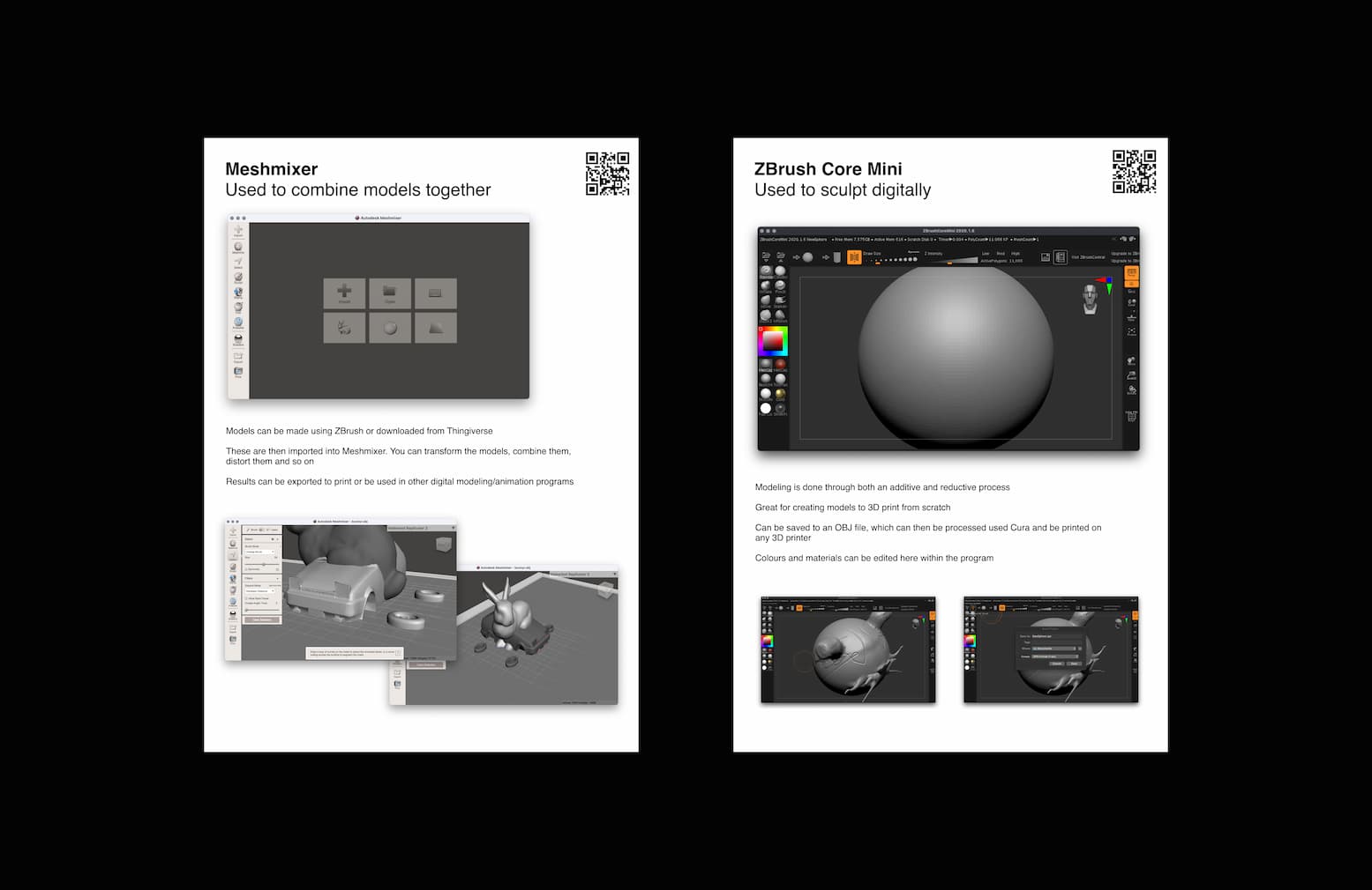A screenshot of some posters for display in the maker space. Each poster contains some images and a short description of the respective tool or machine, with a QR code that redirected students to a more detailed video tutorial.